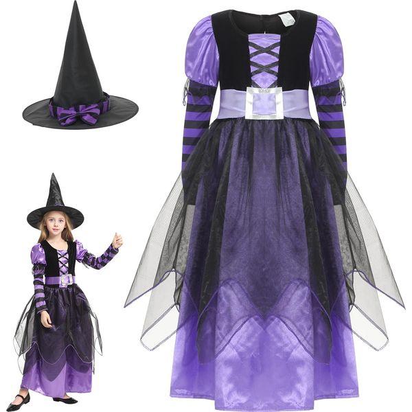 GEMVIE Girls Halloween Witch Costumes Fancy Dress Party Witch Princess Dress with Witch Hat Carnival Cosplay Costume