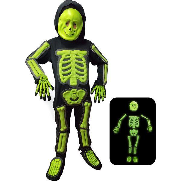 IKALI Kids Halloween Skeleton Costume, 3D Glow in the Dark Bone Jumpsuit 4pcs For Age 4-6 Years