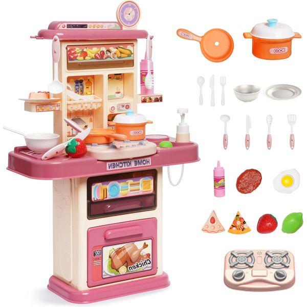 HOMCENT Kitchen Play Set, Kids Play Kitchen with Realistic Lights & Sounds, Simulation of Spray and Running Water, Pretend Role Play Toys with Utensils Accessories, Play Set for Boys and Girls