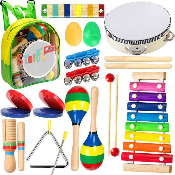 STOIE'S 19 pcs Kids Musical Instruments for 3 year olds Xylophone for Kids Baby Tambourine Musical Toy Instruments Wooden Toddler Music Instrument Drum Set