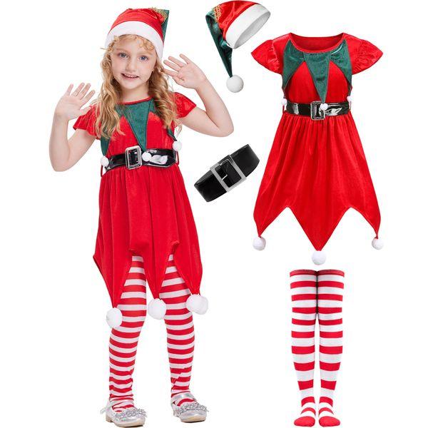 IKALI Christmas Elf Costume Girls Santa Claus Helper Suit Kids Fancy Dress Up Outfit with Long Stockings Xmas Hat 3-4Y