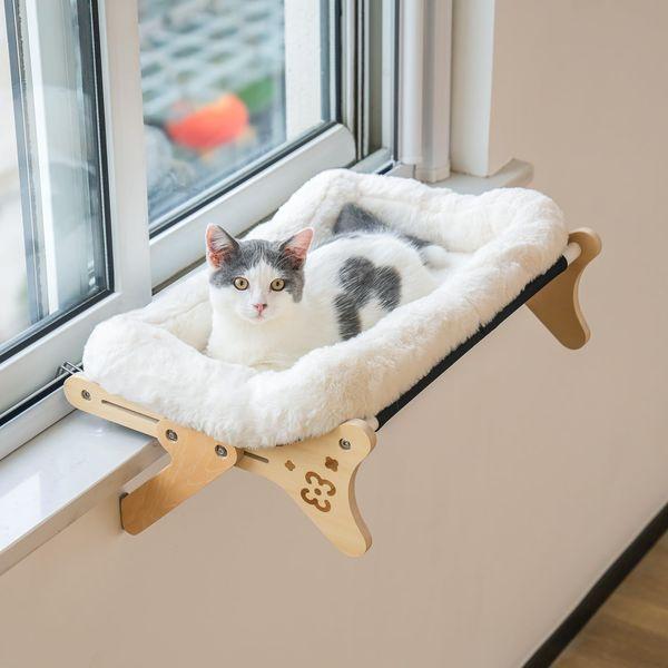 MEWOOFUN Large Cat Window Hammock Wood and Metal Frame 65x40cm Cat Window Bed for 2 Cats - Sturdy & Adjustable Cat Hammock for Windowsill, Bedside, Drawer and More, Beige
