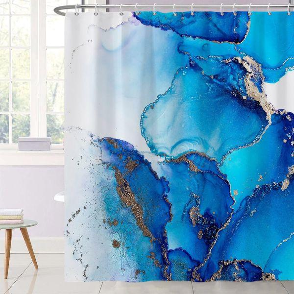 Ttincceer Marble Shower Curtain, Navy Blue Ink Pattern 3D Sand Bathroom Curtain 71x71inch Ombre Abstract Modern Bathroom Decoration Curtain with Hook Waterproof Bathtub Curtain 0