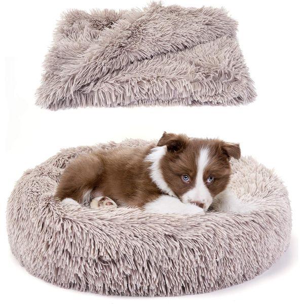 Belababy Calming Dog Bed Cat Bed Donut, 2X-Large Fluffy Round Cuddler Washable Soft Plush Dog Nest and Pet Throw Blanket Set (Purple, Bed 36"x 36", Blanket 40"x 48")