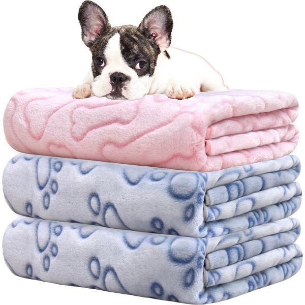 Rezutan Dog Blankets, Puppy Blankets, Dog Blankets Washable, Flannel Throws for Dog Cat, Fleece Dog Blanket for Sofa, Bed, Car Seat, 3 Pack(2 Blue+1 Pink), 60x50cm 0