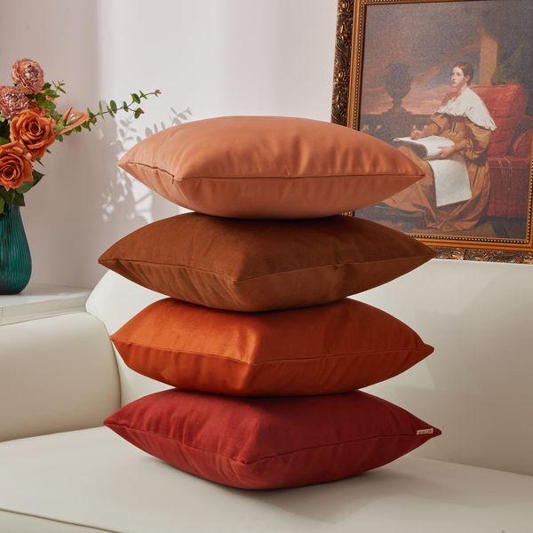 Tayis Velvet Cushion Covers 45 x 45 cm Set of 4 Soft Decorative Square Pillow Covers Washable Dirt Resistant Throw Pillow Cases for Sofa Couch Living Room Bedroom 18x18 Inches - Camel Brown