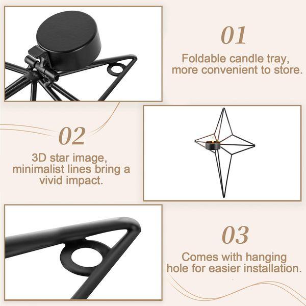 Sziqiqi Metal Candle Sconces Hanging Wall Candle Holders, Star Wall Mounted Sconces for Tea Light Candles Holder Black Geometric Wall Art Decor for Living Room Bedroom Fireplace Mantel 4