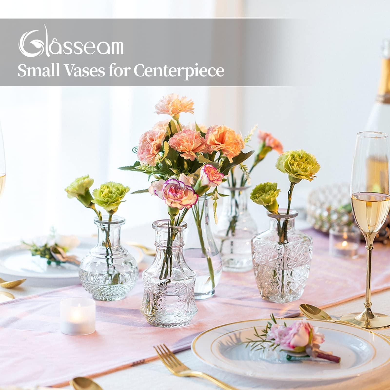 Glasseam Small Glass Flower Vase Vintage: Mini Bud Sweet Pea Vases Set of 5 Crystal Clear Rustic for Living Room Dining Table Wedding Centrepiece Indoor Bedroom Decoration 3