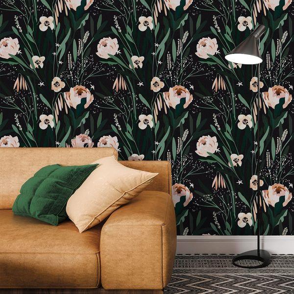 VaryPaper Pink Flower Wallpaper Self Adhesive Floral Black Contact Paper 44.5cmx800cm Sticky Back Plastic Furniture Vinyl Wrap Lining Paper Botanical Wall Art for Living Room Worktop Vinyl Covering 1