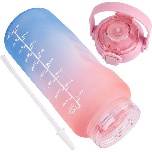 SHBRIFA 2 litre Large Water Bottle With Straw and Time Markings Half Gallon Water Bottle for Fitness, Gym and Outdoor Sports (pink/blue) 3