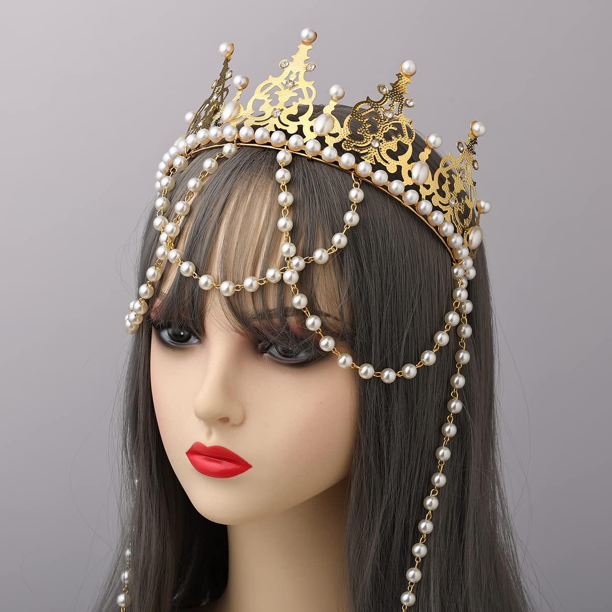 COSDREAMER Women Wedding Crown Tiara Baroque Queen Bead Chain Crown (Gold) (large, Plastic) 4