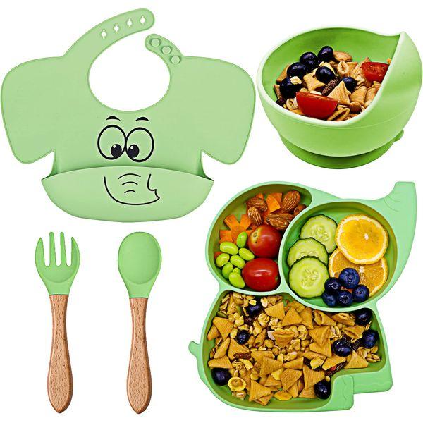 FILOWA Baby Feeding Set, 5 in 1 Silicone Weaning Set for Babies with Suction Plate, Suction Bowl, Spoon and Fork, Adjustable Bibs Tableware Sets, BPA Free Cutlery Set for Toddlers, Green Elephant
