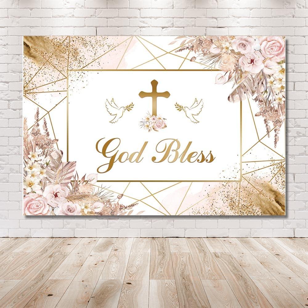 MEHOFOND 7x5ft God Bless Backdrop Bohemia Theme Pink Floral First Holy Communion Christening Dove Jesus God Bless Photography Background Newborn Baby Shower Cake Smash Decor Photo Studio Props 1