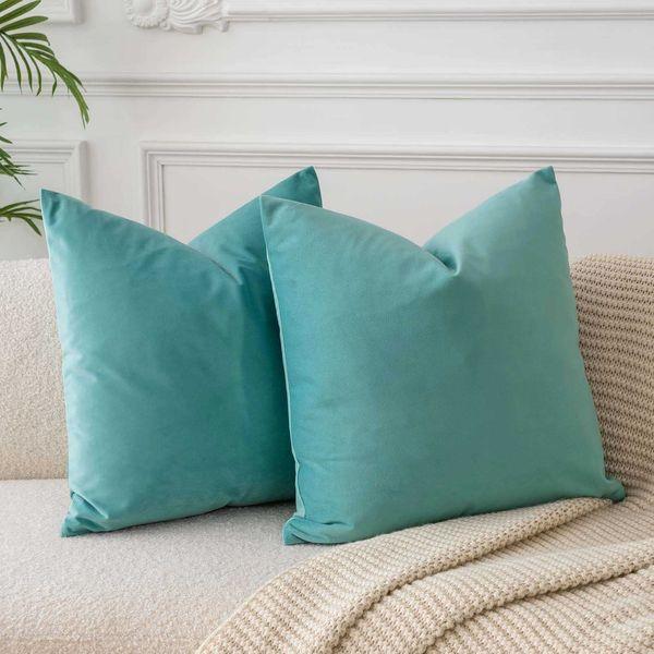 JUSPURBET Teal Green Velvet Throw Pillow Covers 22x22 inch Set of 2 for Living Room Couch Sofa Bedroom Decorative Square Solid Soft Cushion Cases with Invisible Zipper 0