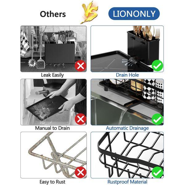 LIONONLY 2 Tier Dish Drainer Rack with Drip Tray, Detachable Large Dish drying Rack with Swivel Drainage Spout, Utensil & Cutting Board Holder for Kitchen Counter, Black 1