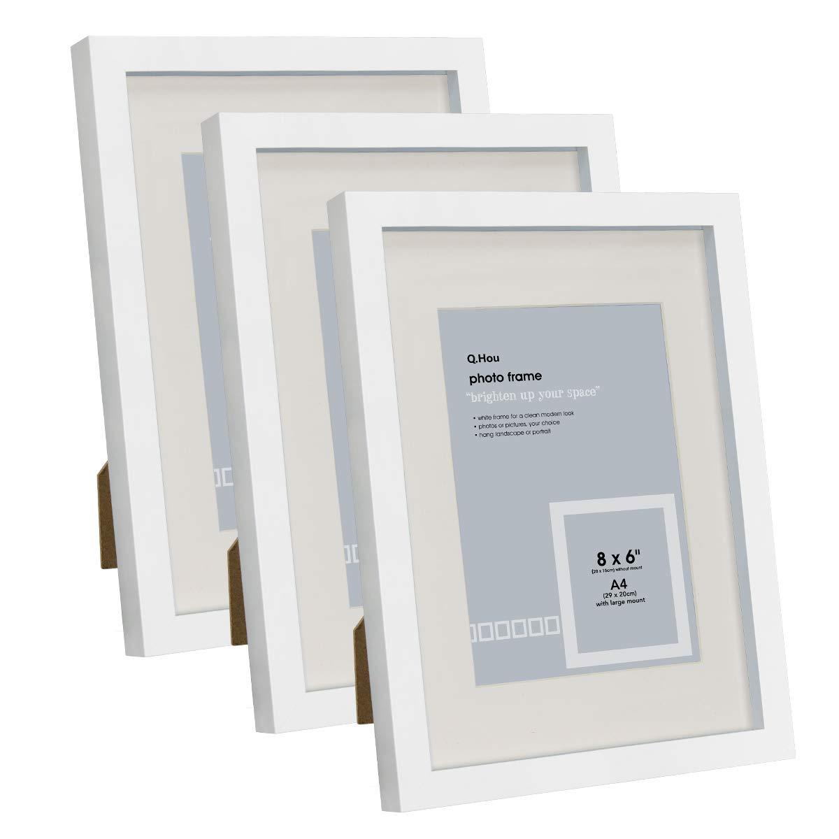 Q.Hou A4 White Picture Photo Frame with Mat, Mount for 8x6 or Certificate without Mat, 3 Packs, Real Glass Front, Freestanding and Wall Mountable(005UK-QH-PFA4-WHT)