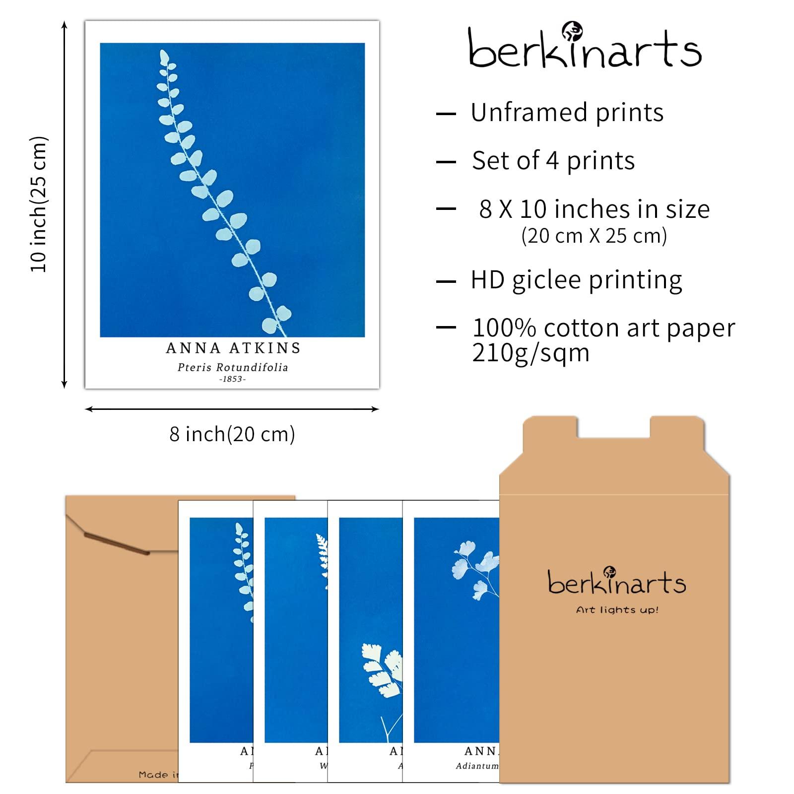 Berkin Arts Wall Art Unframed Prints Giclee Art Paper Set of 4, 8x10 inch Flower Artwork Medium Size, Livingroom Decoration Botanical Blue Minimalist Plant Illustrations Anna Atkins Posters 6