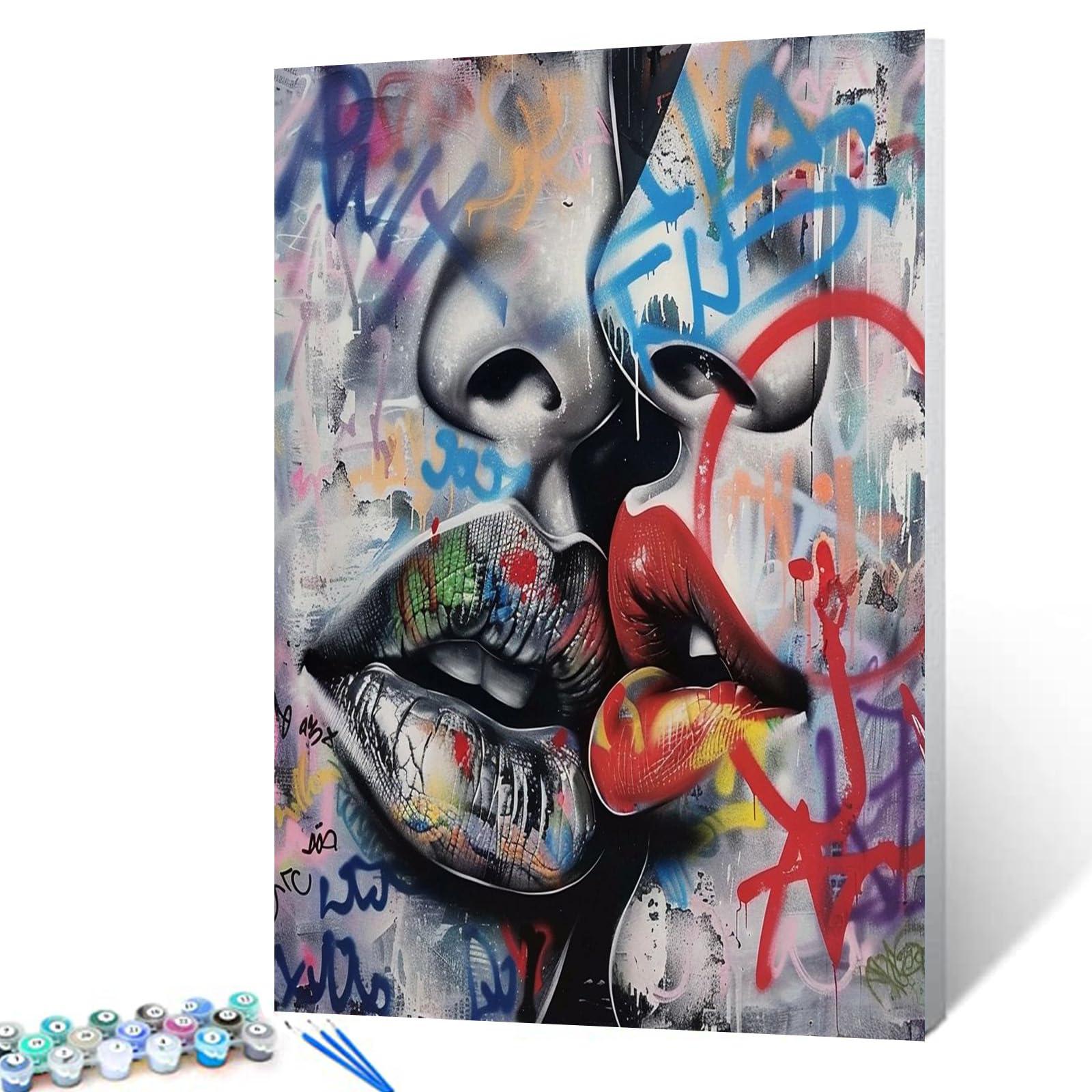Tucocoo Couple Kissing Graffiti DIY Oil Painting by Numbers for Adults Wall Decor Gift 16''x20''