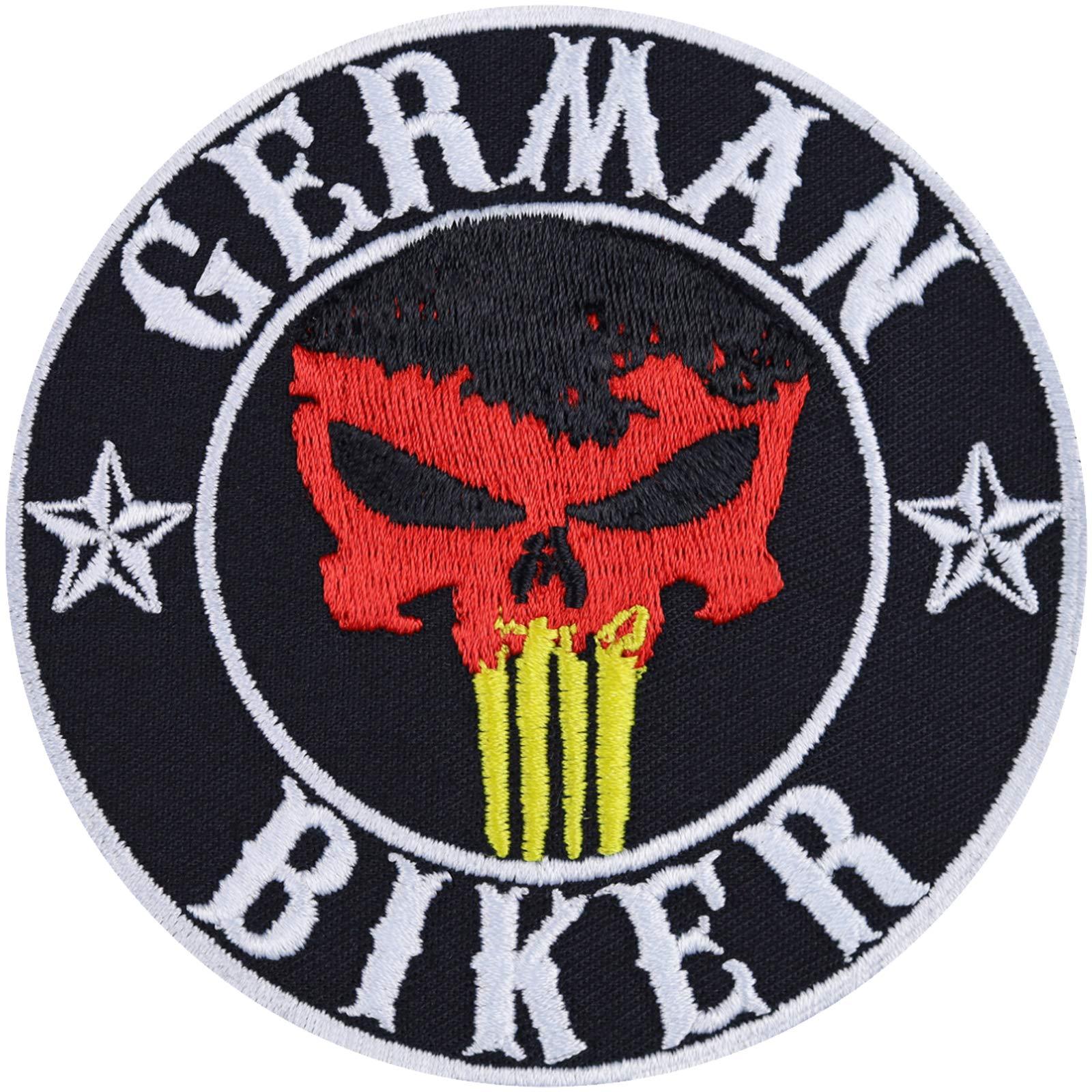 German Biker Patch sew on Skull Embroidered Badge for All Fabrics and Leather | Biker Patch Emblem Iron-on Sticker for Motorcycle | Germany Flag Patch | 90X90 mm 0