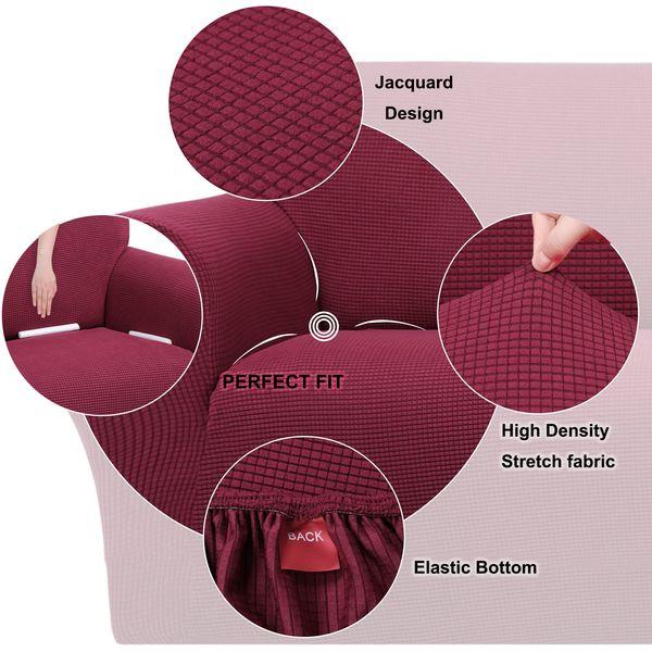 PiccoCasa Stretch Sofa Slipcover 1 Seater, 1-Piece Couch Cover for Sofa Living Room - Spandex Jacquard Checks Sofa Covers, Burgundy Washable Couch Furniture Cover for Dogs 3