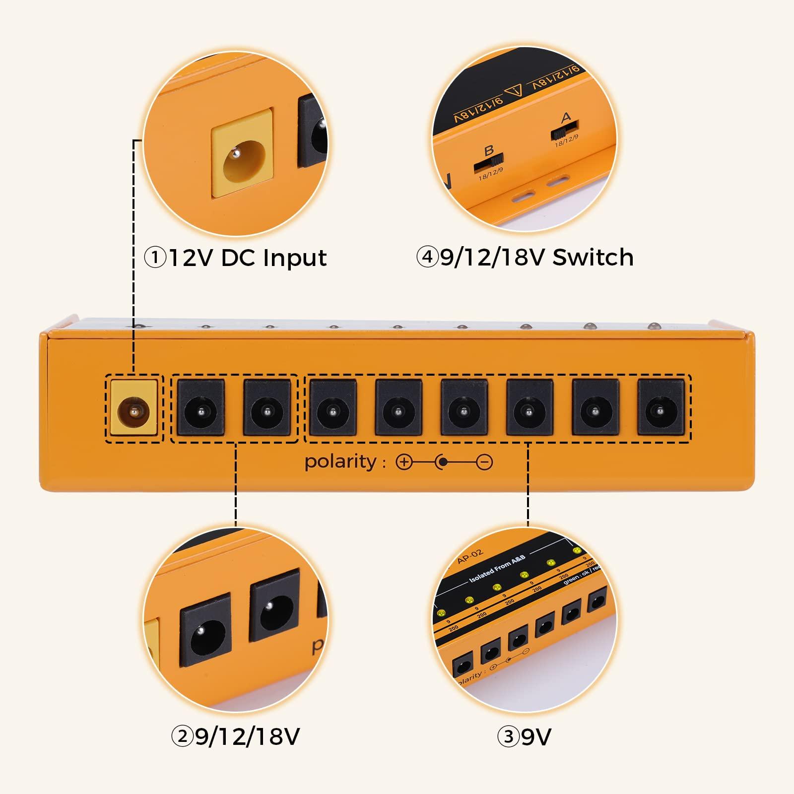 Asmuse Guitar Pedal Power Supply 8 Isolated Output Pedal Power Supply for 9V/12V/18V Electric Guitar Bass Effect Keyboards 9v 8 Way Power Supply Pedal Power Supply for effect pedals 3