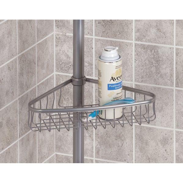 mDesign Telescopic Shower Organiser - Steel Shower Organiser - No Drill Corner Shower Shelves with Towel Bar & Hooks - Ideal for Shampoo, Razors & Other Accessories - Silver 4