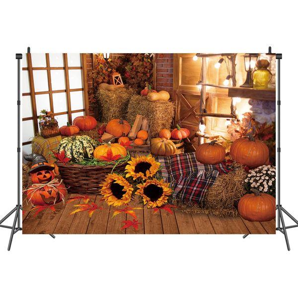 INRUI Fall Photography Background Autumn Pumpkin Harvest Decorations Farm Pumpkin Haystack Vintage Wooden Photo Backdrop (8x6FT) 0