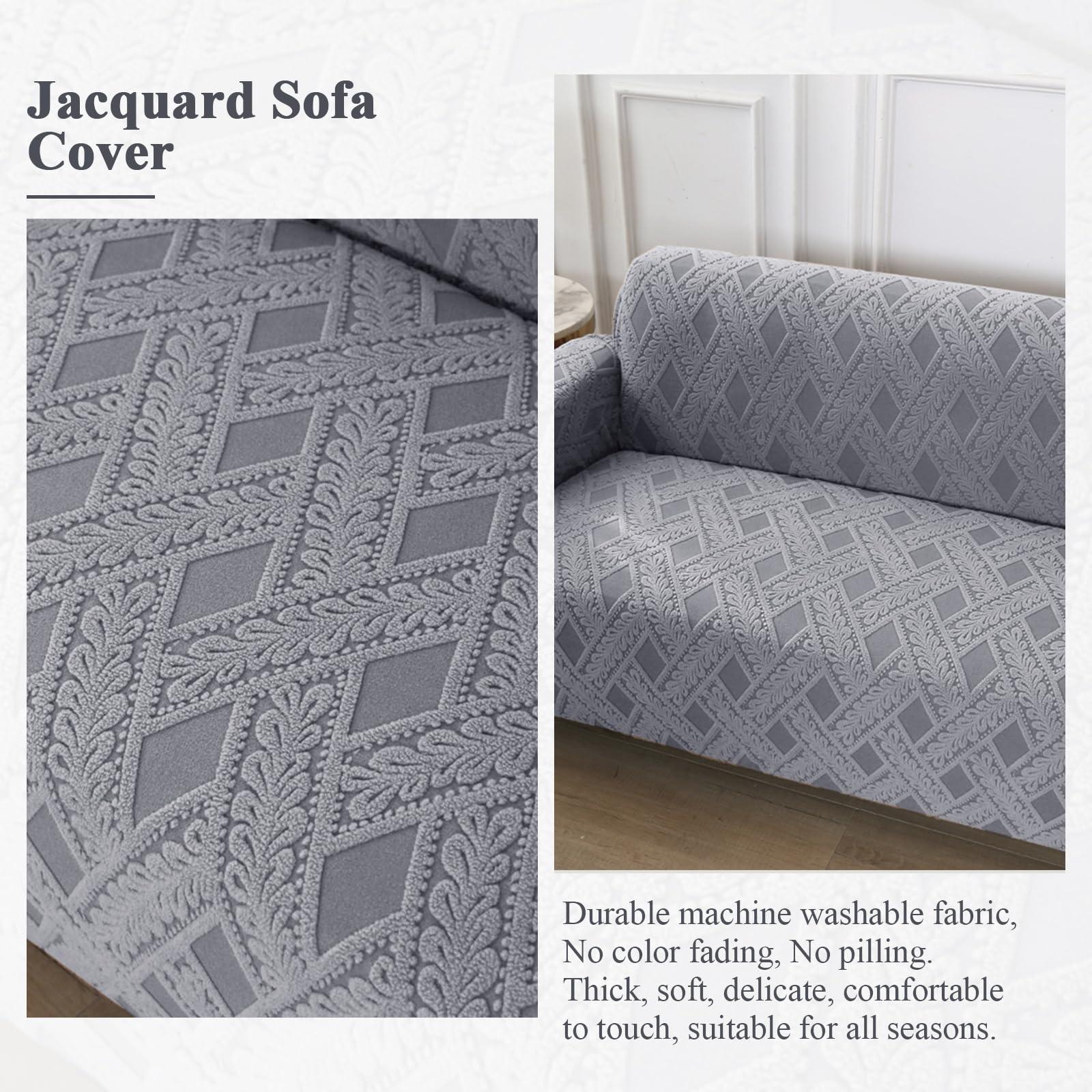 Fondream High Stretch Sofa Cover 2 Seater Grey Jacquard Sofa Slipcover Furniture Protector Suitable for Living Room with Elastic Bottom 3