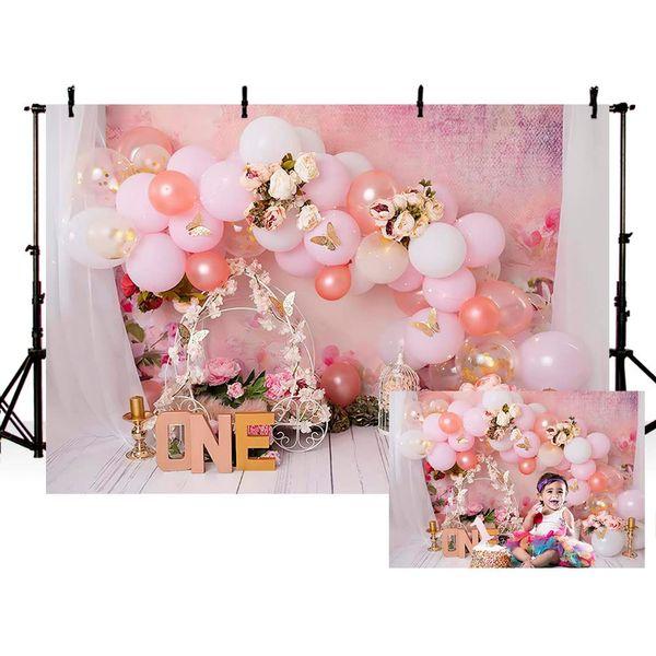 MEHOFOND 8x6ft Pink Girl 1st Birthday Backdrops Newborn Photography Props Balloons Flower Party Portrait Background Decoration Cake Smash Floral Birdcage Photo Studio Booth Supplies 0