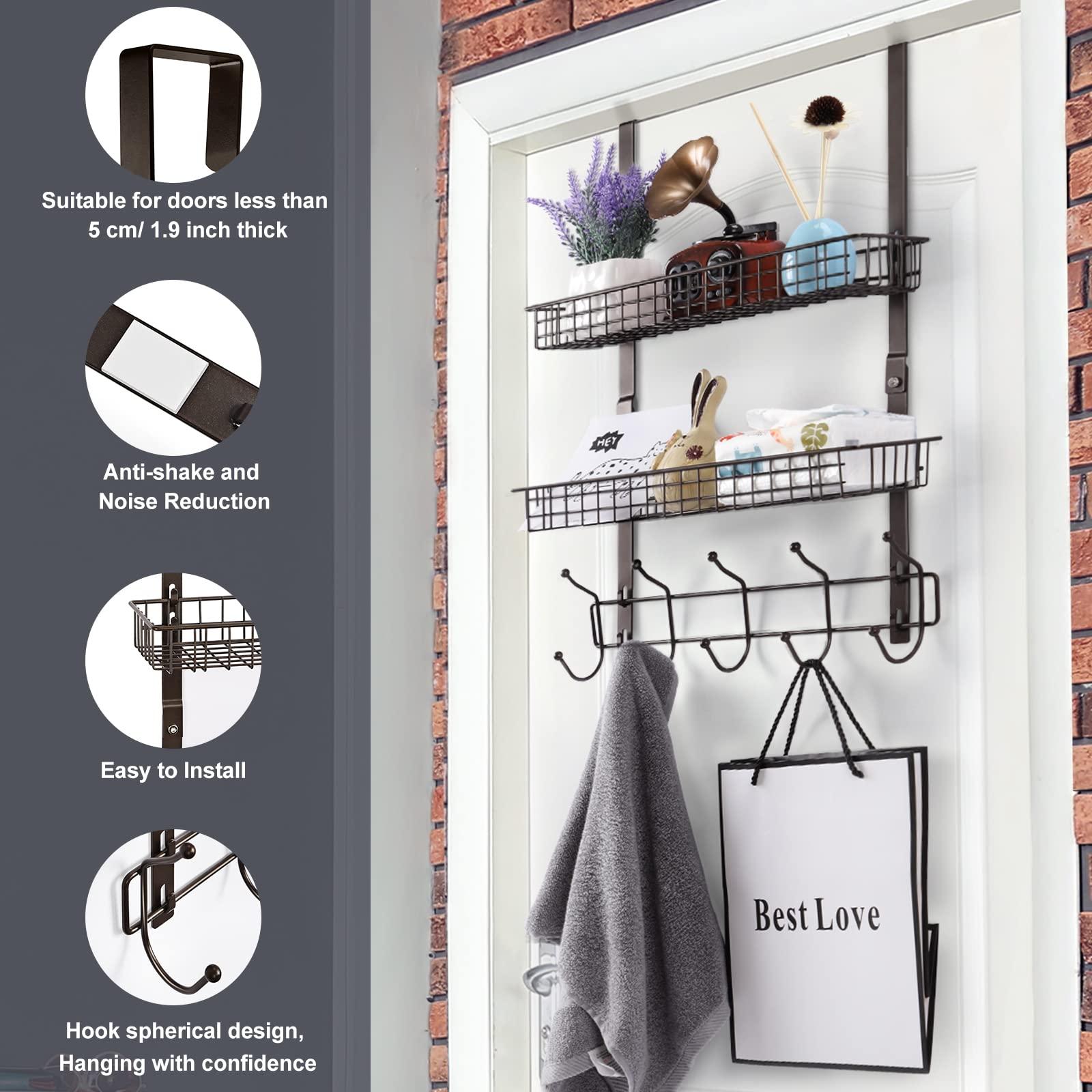 UOMIO Over Door Storage Racks with 2 Wire Baskets and 5 Coat Hooks No Drilling Over The Door Hanger Organisers for Bathroom Bedroom Kitchen, Dark Brown 2