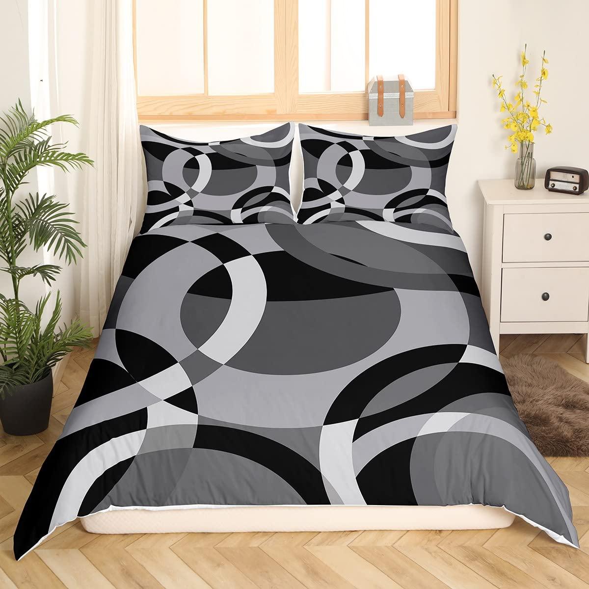 Loussiesd Circle Geometry Bedding Set Kids Gray Black Swirl Comforter Cover Set for Women Men Adults Modern Stripes Duvet Cover Breathable Geometric Bedspread Cover Single Size 2