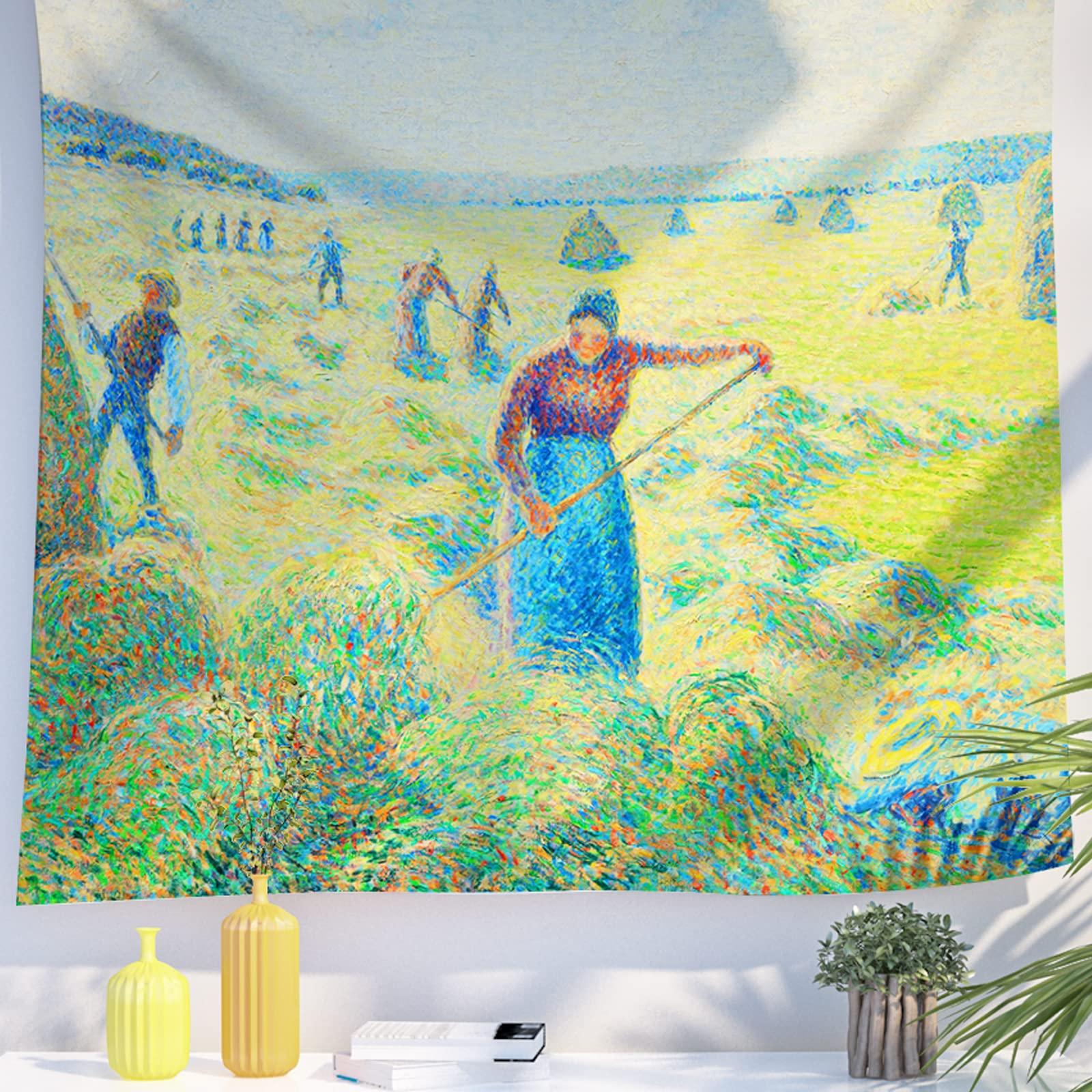 Berkin Arts Decor Tapestry for Wall Hanging Premium Polyester Fabric Backdrop Post-impressionism French 59.1 x 78.7 Inch (Haymaking by Camille Pissarro)