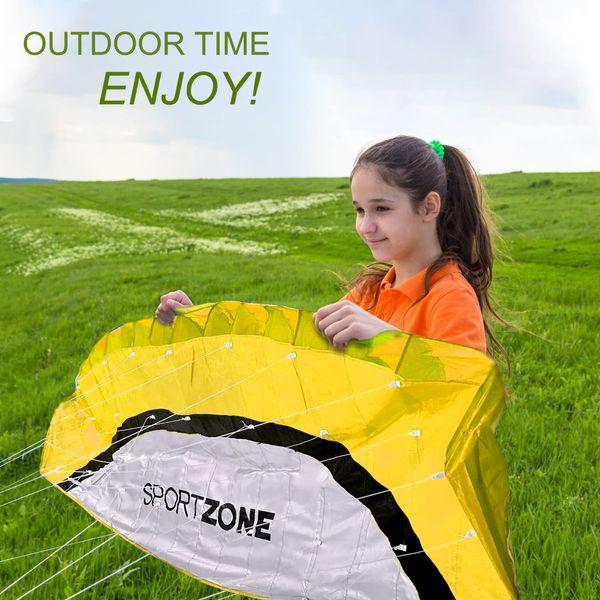 Touch the sky 100in Dual Line Stunt Parafoil Kite | Parachute Kite For Kids & Adults | Power Kite Beach Summer Flying Outside Activity | Strings Wrist Strapes | Yellow 4