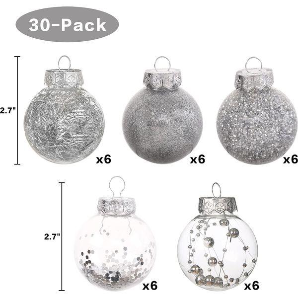 Christmas Tree Ornaments, ROSELEAF Shatterproof Clear Silver Christmas Baubles 30pcs 2.36inch 6cm Pet Christmas Ball Decorations for Party Wedding Christmas 1