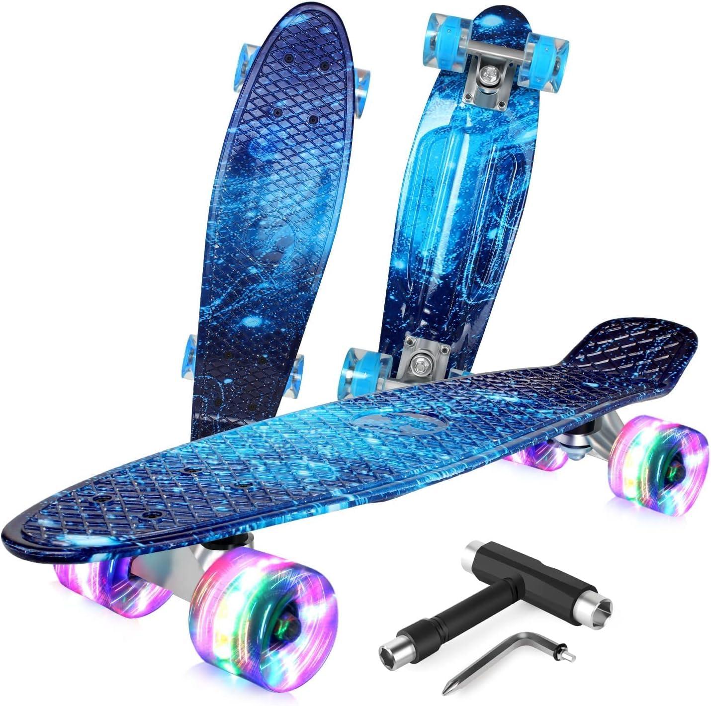 BELEEV Skateboard Complete 22 x 6 inch Mini Cruiser Skateboard for Kids Teens Beginners, PU LED Light up Wheels with Skate T-Tool(Pink) 0