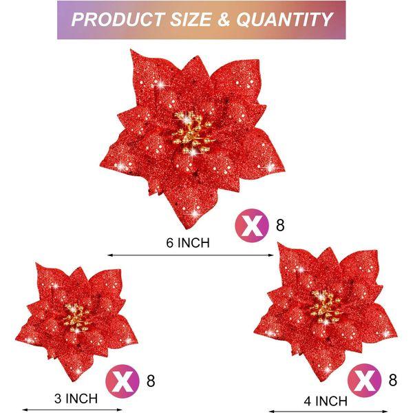 Boao 24 Pieces Glitter Poinsettia Artificial Christmas Flowers Poinsettia Decorations Wedding Christmas Tree Ornaments, 3/4/6 Inches (Red) 2
