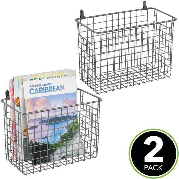 mDesign Set of 2 Hanging Storage Baskets - Large Wall-Mounted Metal Wire Basket - Multi-Purpose Organiser Tray for Household Items - Graphite Grey 1