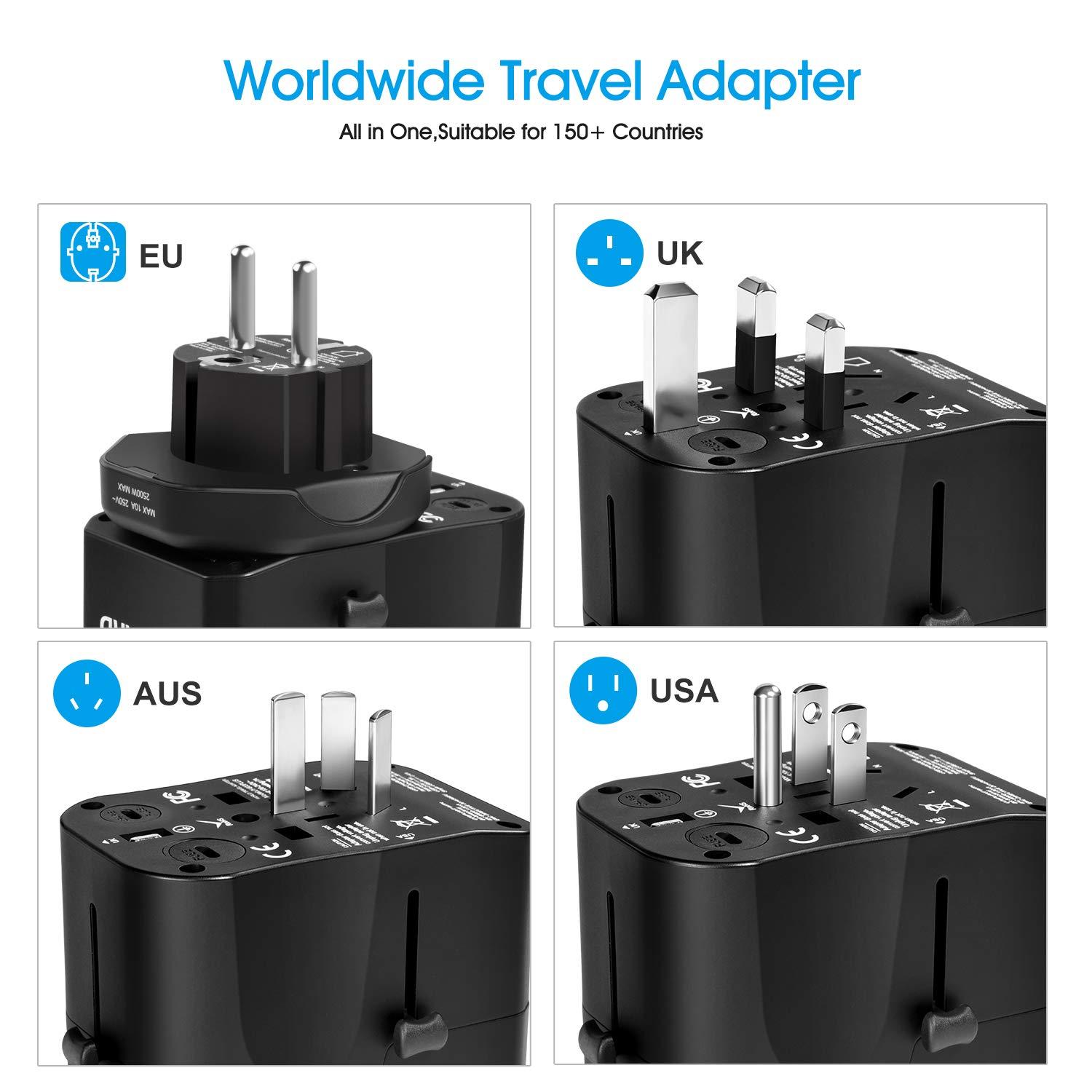 VGUARD Travel Adapter, Type C+4 USB Ports 10A International Universal Power Plug Adaptor with Detachable Europe(Schuko) Plug for USA EU UK AUS Compatible with China Japan Thailand 150+ Countries 2