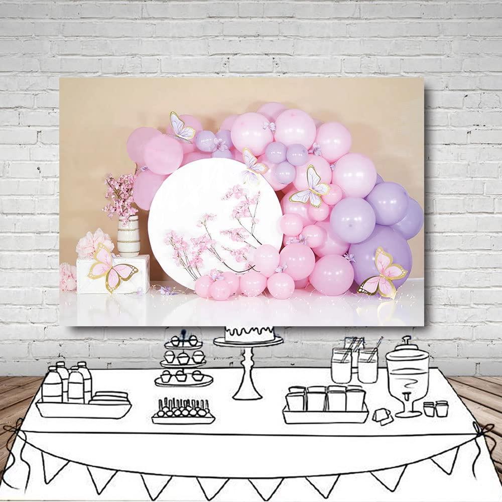 MEHOFOND 7x5ft Pink Girl Birthday Photography Backdrop Flower Balloons Butterfly Newborn Portrait Family Party Background Banner Cake Smash Decoration Photo Studio Booth Props Supplies 4