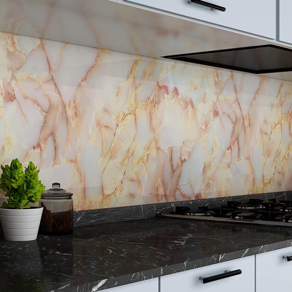 VEELIKE Yellow Marble Wallpaper 40cm x 1800cm Marble Vinyl Wrap for Kitchen Worktop Covering Vinyl Self Adhesive Contact Paper Kitchen Counter Vinyl Wrap Dinning Table Bathroom Waterproof Removable 4