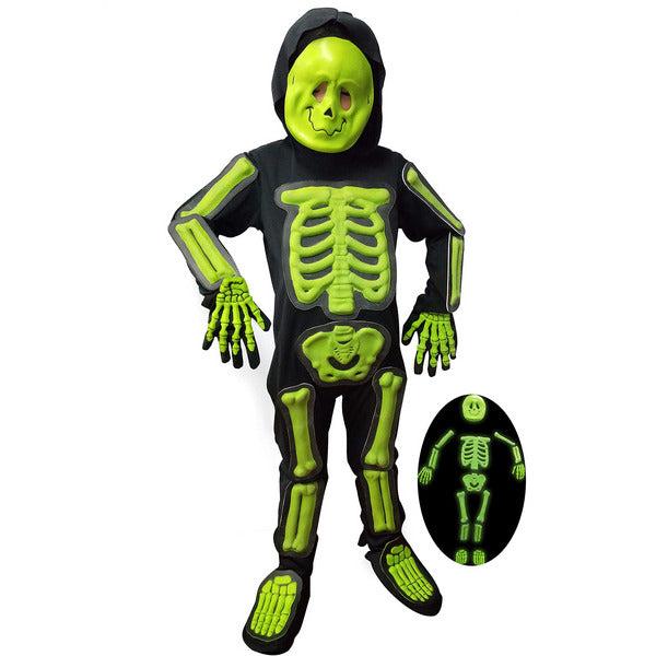 IKALI Kids Halloween Skeleton Costume, 3D Glow in the Dark Bone Jumpsuit 4pcs For Age 9-10 Years
