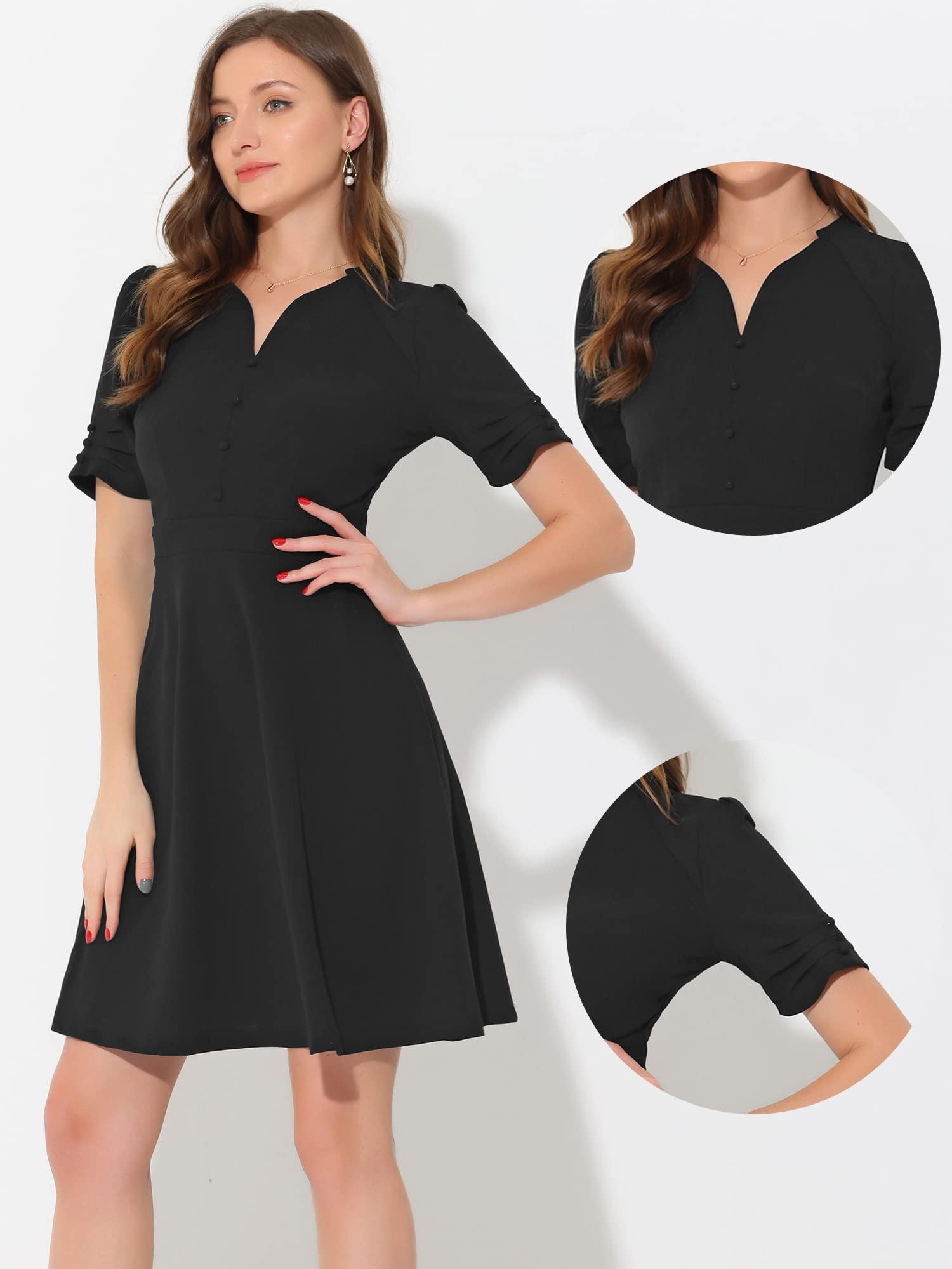 Allegra K Women's A-Line Dress, Pleated Short Sleeve, Sweetheart Neck, Elegant Business, Work Dresses for Women Black 4 1