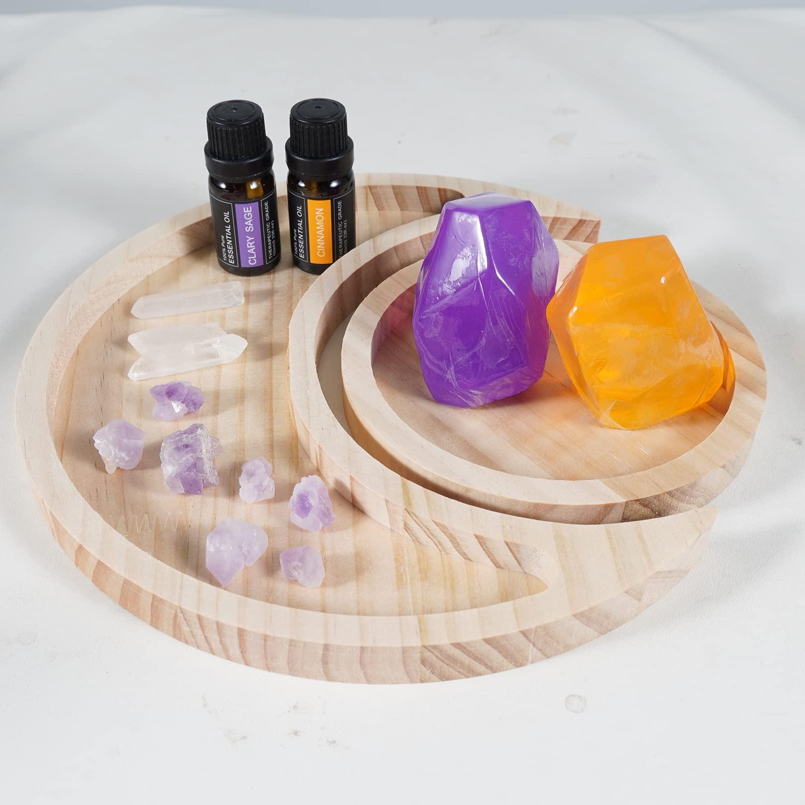 Soulnioi Crystal Holder Tray(SUN+MOON), Decorative Display Tray with 2pcs Handmade Soap(Purple+Orange), 2pcs Essential Oils, 7pcs Amethyst Flower Stones, 3pcs White Crystal Pointed Pillars 1