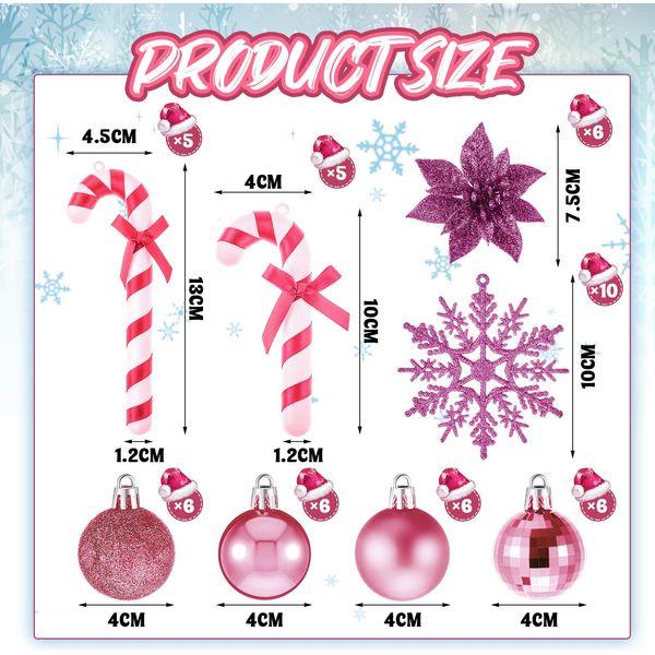 Harrycle 50 Pcs Christmas Tree Decorations Christmas Baubles Small Ball Ornaments Artificial Glitter Snowflake Decorative Poinsettia Flowers Candy Cane for Xmas Tree Topper Outdoor Home (Pink) 1