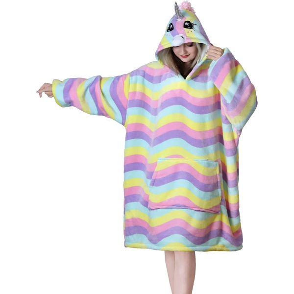 Queenshin Rainbow Unicorn Wearable Blanket Hoodie,Oversized Sherpa Comfy Sweatshirt for Adults Women Girls,Warm Cozy Kawaii Animal Hooded Body Blanket 0