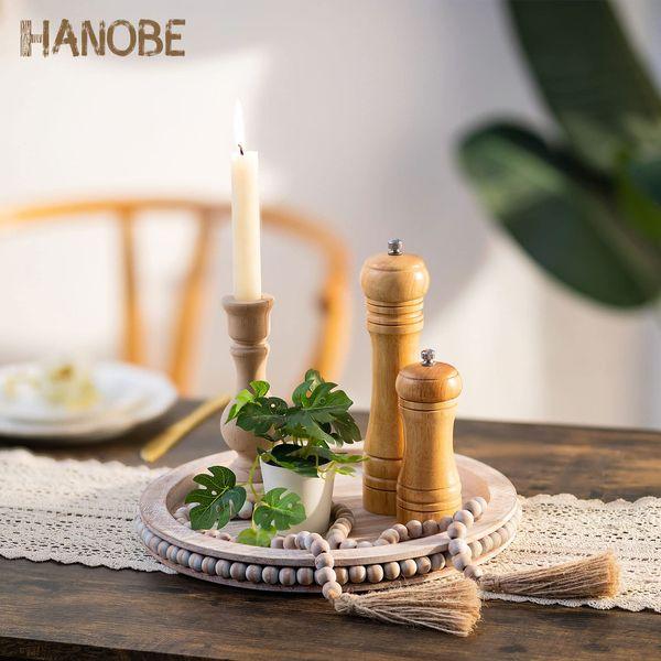 Hanobe Round Wooden Bead Tray: Coffee Table Tray with Wood Beaded Garland Decor Set Pinkish Whitewashed Decorative Tray for Counter Farmhouse Centerpiece Rustic Distressed Tray Candle Holder 1