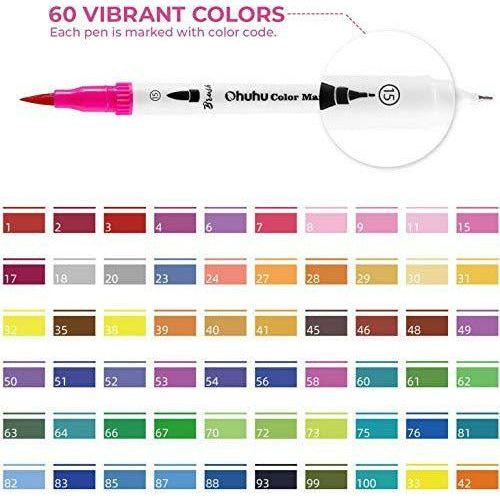 Fine and Brush Dual Tips Colouring Pens, Ohuhu 60 Watercolor Pens, Brush Fineliner Felt Tip Pens Art Markers, Water Based Highlighter Pen for Calligraphy Drawing Sketching Coloring Book 4