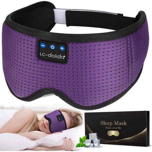 LC-dolida Bluetooth Sleep Mask Headphones for Women Men,100% Blackout 6A Ice Silk Deep Eye Mask Headphones Can Play 14 Hours,Sleep Aids for Adults Eye Covers with Travel Bag & 2 Sleep Earplugs