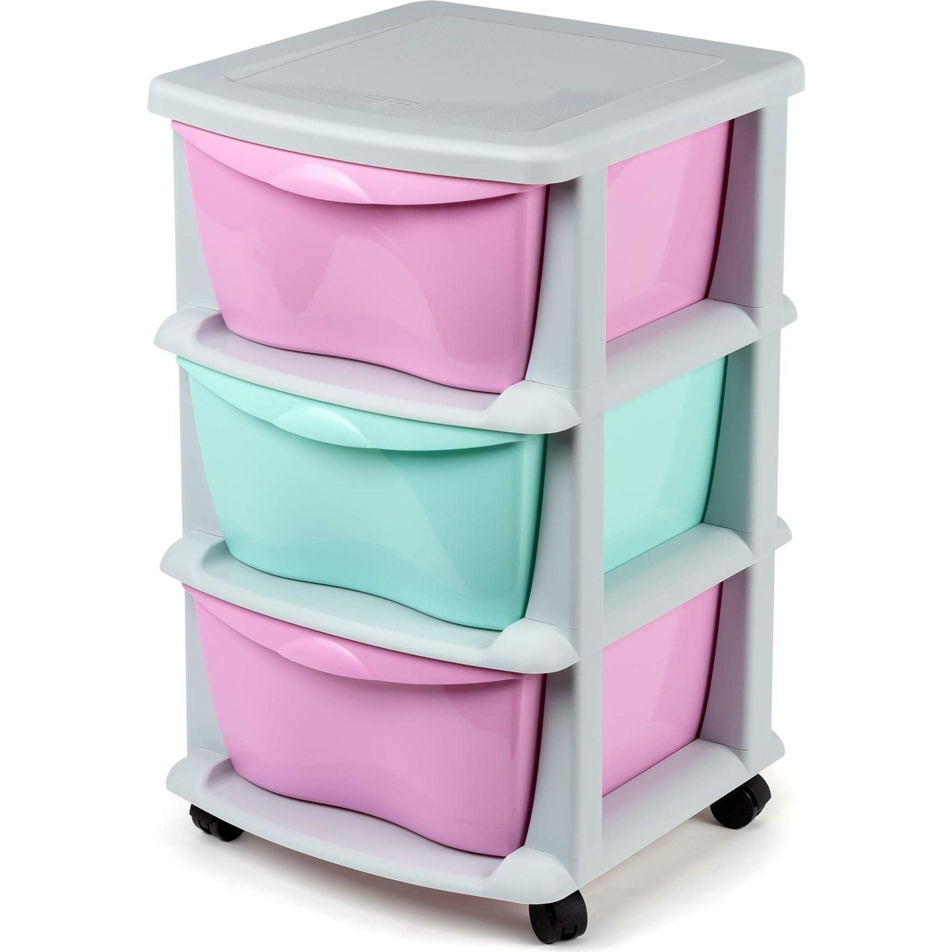 Maxi Nature Plastic Storage Drawers on Wheels - Sturdy Frame, Durable, Heavy Duty Organiser - 3 Tier Large Storage Unit for Kids Bedroom, Bathroom, Office - Made in Europe - Pink/Blue
