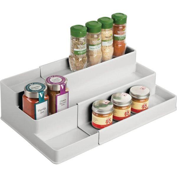 mDesign Plastic Spice Rack - Expandable Kitchen Organiser Rack for Spices, Condiments, Canned Food - Spice Storage Unit with 3 Tiers - Light Grey 0